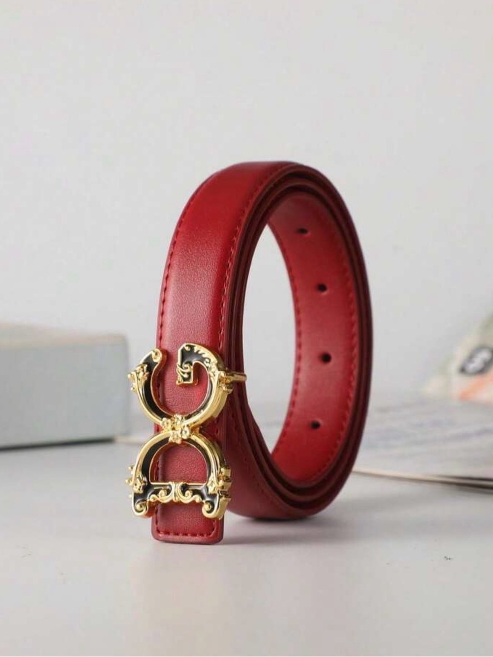 New women’s deep red  Leather Belt with Gold DG Buckle - size XL(110cm